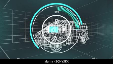 Displaying wireframe SUV model rotating in 3D grid environment, with eco power gauge, battery icon Stock Photo
