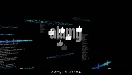 Displaying clustered thumbs-up icons floating over code snippet screen, with waveform visualization Stock Photo