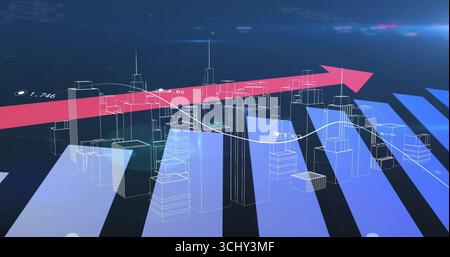 Displaying holographic wireframe city with blue bar chart, red arrow, white line graph in dashboard Stock Photo