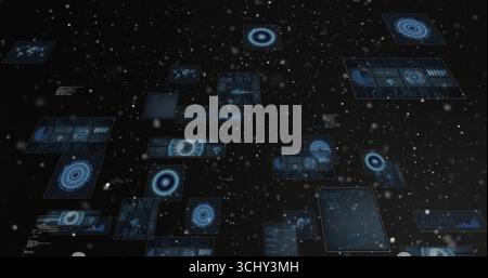 Floating cluster of blue holographic data panels drifting in cyberspace, with data visualizations Stock Photo