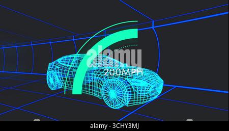 Displaying wireframe sports car model accelerating in neon grid tunnel with green speed gauge arc Stock Photo