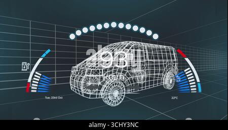 Displaying 3D wireframe van rotating within dashboard display, with 93 km or h speed readout Stock Photo