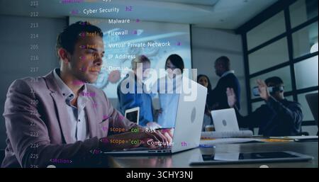Typing man in blazer using silver laptop at conference table, with code projection, copy space Stock Photo