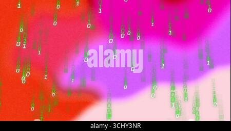 Cascading binary digit streams flowing in virtual environment, with neon green and white code Stock Photo