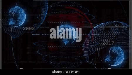 Holographic globe displaying blue dot-matrix on panel, with orbital rings, 2002 or 2017 labels Stock Photo