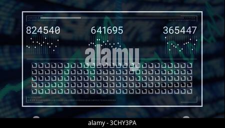 Displaying white-framed UI updating numeric readouts on screen, with icon grid and algorithm data Stock Photo