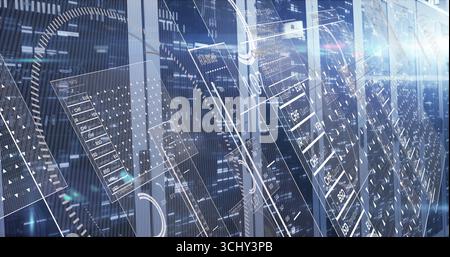 Glowing server racks displaying holographic financial data in data center corridor, with LED strips Stock Photo