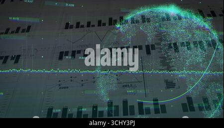 Displaying digital data globe rotating within virtual data dashboard, with chart overlays Stock Photo