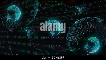 Floating point-cloud globe rotating above holographic dashboard, with ticker data and network nodes Stock Photo