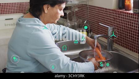 Senior Indian woman cleaning carrots in metal colander at kitchen sink, with chrome faucet Stock Photo
