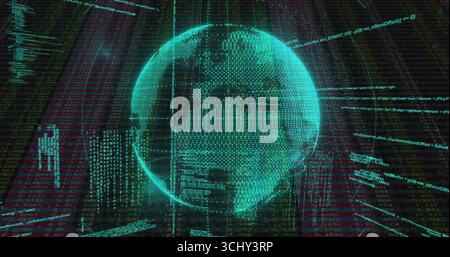 Floating holographic wireframe globe rotating over digital interface with code and red grid Stock Photo