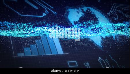 Displaying grid overlay, bar chart, Americas map in interface, showing blue particle data stream Stock Photo