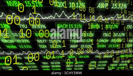 Displaying green stock tickers, percentages, line graphs in virtual space with yellow binary digits Stock Photo