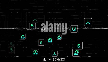 Displaying stylized dashboard showing floating green plug icon above white waveform, sustainability Stock Photo