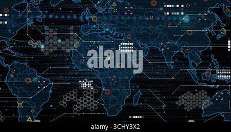 Displaying world map overlay in UI, featuring hex clusters, connector lines and binary streams Stock Photo