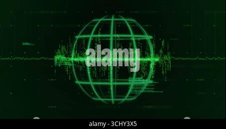 Displaying green wireframe globe in HUD overlaying waveform stream, code fragments and grid lines Stock Photo
