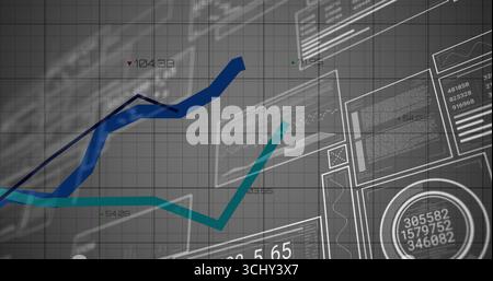Displaying two colored line graphs ascending on dashboard grid panel, with gauge and annotations Stock Photo