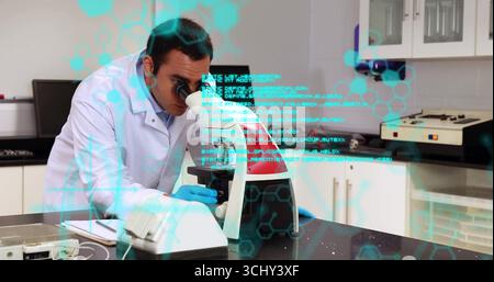 Peering scientist in lab coat examining sample through microscope in lab, with digital overlay Stock Photo