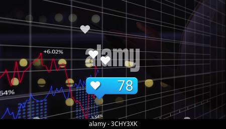 Displaying blue notification bubble showing 78 hearts over dark grid display with financial charts Stock Photo