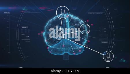 Projecting wireframe brain glowing in virtual interface, with user icons and HUD panels with charts Stock Photo