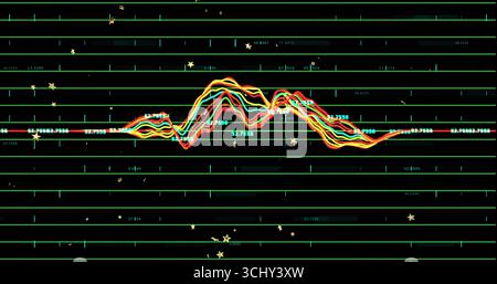 Displaying colorful waveform pulsing over green grid on monitor screen with labels and star markers Stock Photo