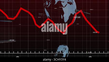 Red line graph cutting across screen, with grid, world map silhouettes, tick marks, numeric labels Stock Photo