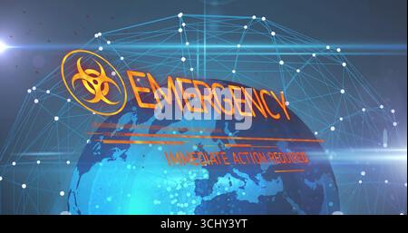 Displaying orange biohazard symbol and EMERGENCY text over monitoring hub globe, with mesh network Stock Photo