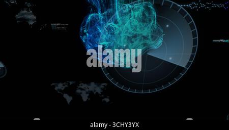 Displaying swirling turquoise blue digital mesh overlaying circular radar in virtual control panel Stock Photo