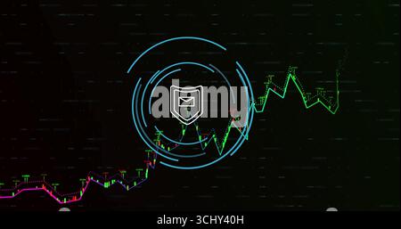 Presenting shield envelope icon floating in dark code interface, with zigzag graph and blue circles Stock Photo