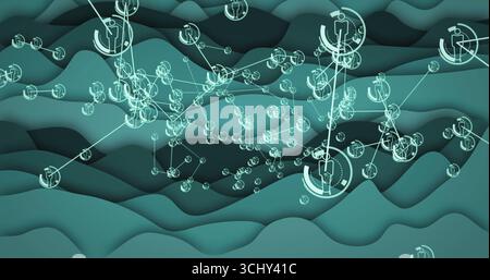 Displaying network of human-icon nodes linking via glowing lines in digital space with wave layers Stock Photo