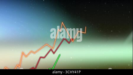 Displaying jagged orange red green lines rising and falling on cosmic backdrop, data analytics Stock Photo