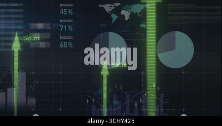Displaying dashboard on dark screen, with pie charts, bar and line graphs and green arrows Stock Photo