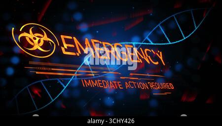Displaying digital EMERGENCY alert on control HUD, with biohazard symbol and glowing DNA helix Stock Photo