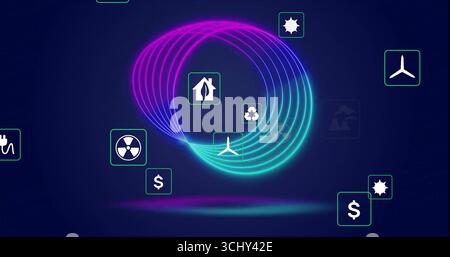 Hovering neon gradient loop floating on navy background, with lit clean energy and finance icons Stock Photo