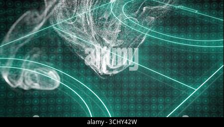 Emanating white particle cloud swirling over virtual grid, with teal-green rectangular shapes Stock Photo