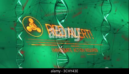 Showing hazard icon and RED ALERT IMMEDIATE ACTION REQUIRED in green interface, with DNA helices Stock Photo