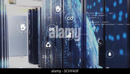 Displaying server cabinets lining data center hallway, overlaid with icons and JavaScript code Stock Photo