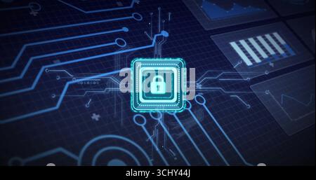 Displaying glowing lock icon radiating neon-blue circuit traces on dark grid, with chart overlays Stock Photo