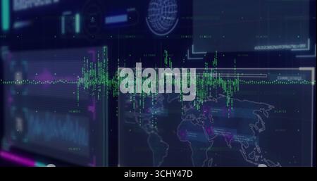 Displaying green waveform line graph running across dashboard in control room, with world map panel Stock Photo