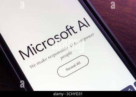 Mexico City, MEXICO - Sep 3 2025 : Close-up of a smartphone displaying Microsoft AI homepage. Stock Photo