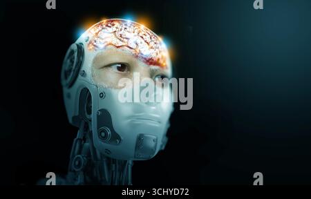 Humanoid AI robot merging human emotions and identity with digital intelligence, symbolizing AGI, self-awareness, consciousness, and the philosophical Stock Photo