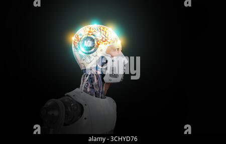 Concept of AGI with human silhouette and brain network, symbolizing self-awareness, consciousness, human-like intelligence, and the philosophical visi Stock Photo