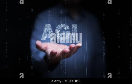 Futuristic AGI concept with human hand and binary codes, symbolizing self-awareness, human-AI connection, consciousness, and the philosophical vision Stock Photo