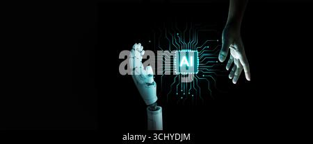 Futuristic concept of AI showing human and robot hands reaching toward each other, symbolizing consciousness, human-AI connection, trust, and the phil Stock Photo