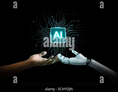 Concept of human and AI collaboration with glowing chip and digital circuits, symbolizing consciousness, human-machine connection, and the philosophic Stock Photo