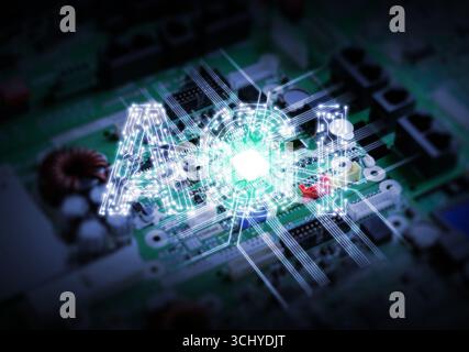 Futuristic AGI concept with digital letters glowing on electronic circuits, symbolizing self-awareness, consciousness, human-like intelligence, and th Stock Photo