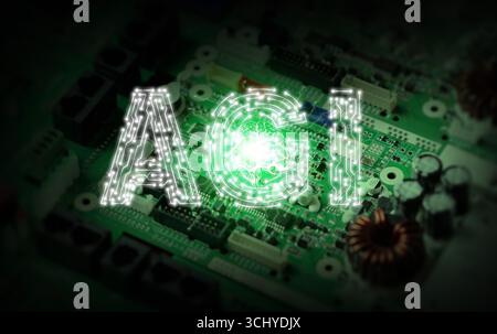 Futuristic AGI concept with glowing circuit letters on motherboard, symbolizing human-like intelligence, consciousness, self-awareness, and the philos Stock Photo