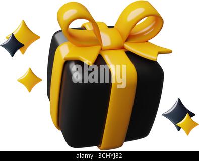Black gift box with a yellow bow and sparkles 3d vector surprise birthday present or giveaway icon Stock Vector