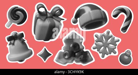 Christmas halftone y2k stickers set and retro collage elements with gift box holly berry Santa hat Stock Vector