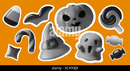 Halloween halftone trick or treat stickers set with y2k collage elements ghost pumpkin and candies Stock Vector